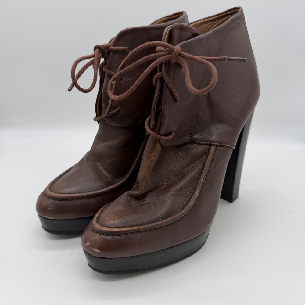 Zara Woman Vintage Y2K Brown Leather Lace Up Platform Ankle Boots Size 40